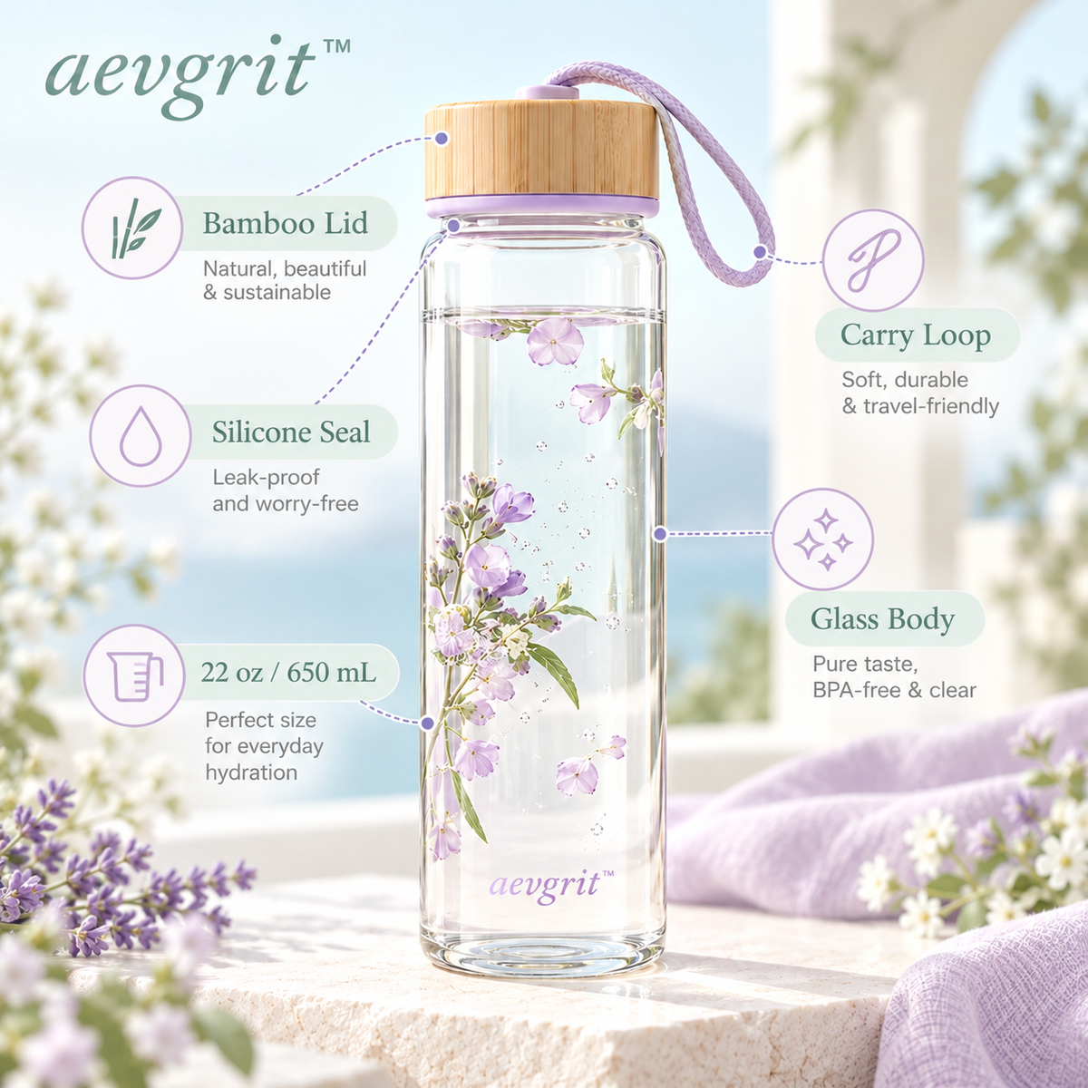 𝒂𝒆𝒗𝒈𝒓𝒊𝒕™ 22 oz Glass Water Bottle with Bamboo Lid and Carry Loop