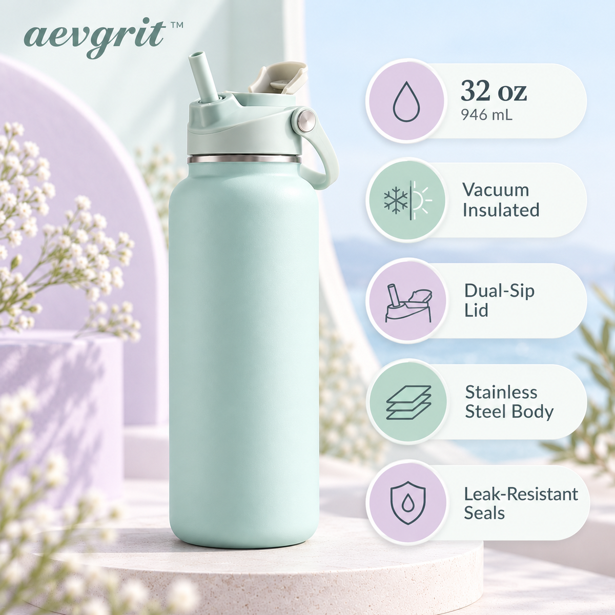 𝒂𝒆𝒗𝒈𝒓𝒊𝒕™ 32 oz Dual-Sip Vacuum Insulated Water Bottle