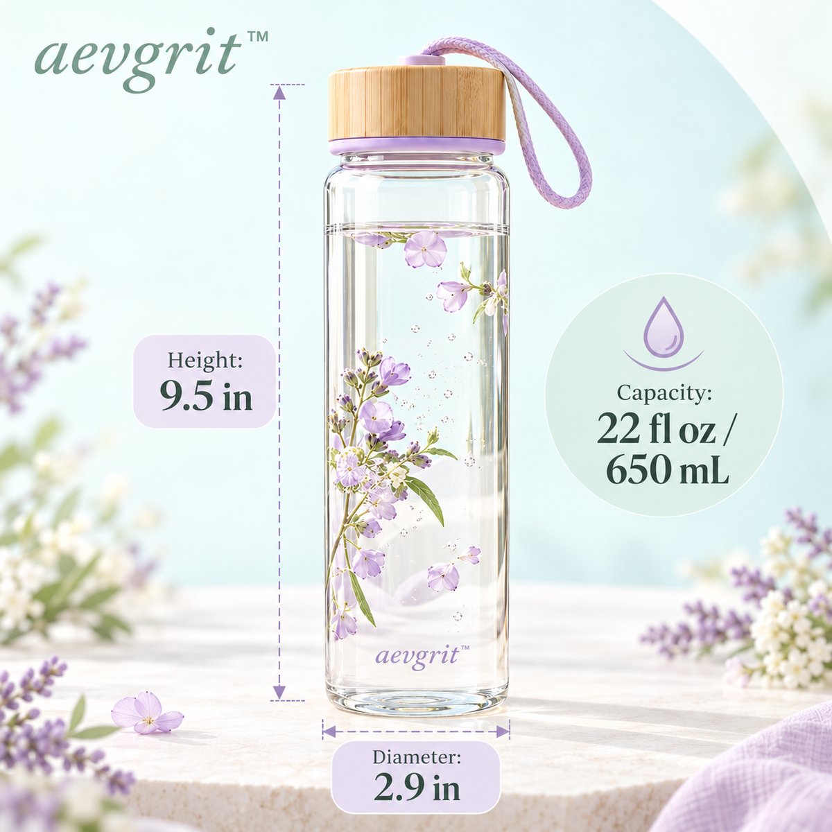 𝒂𝒆𝒗𝒈𝒓𝒊𝒕™ 22 oz Glass Water Bottle with Bamboo Lid and Carry Loop