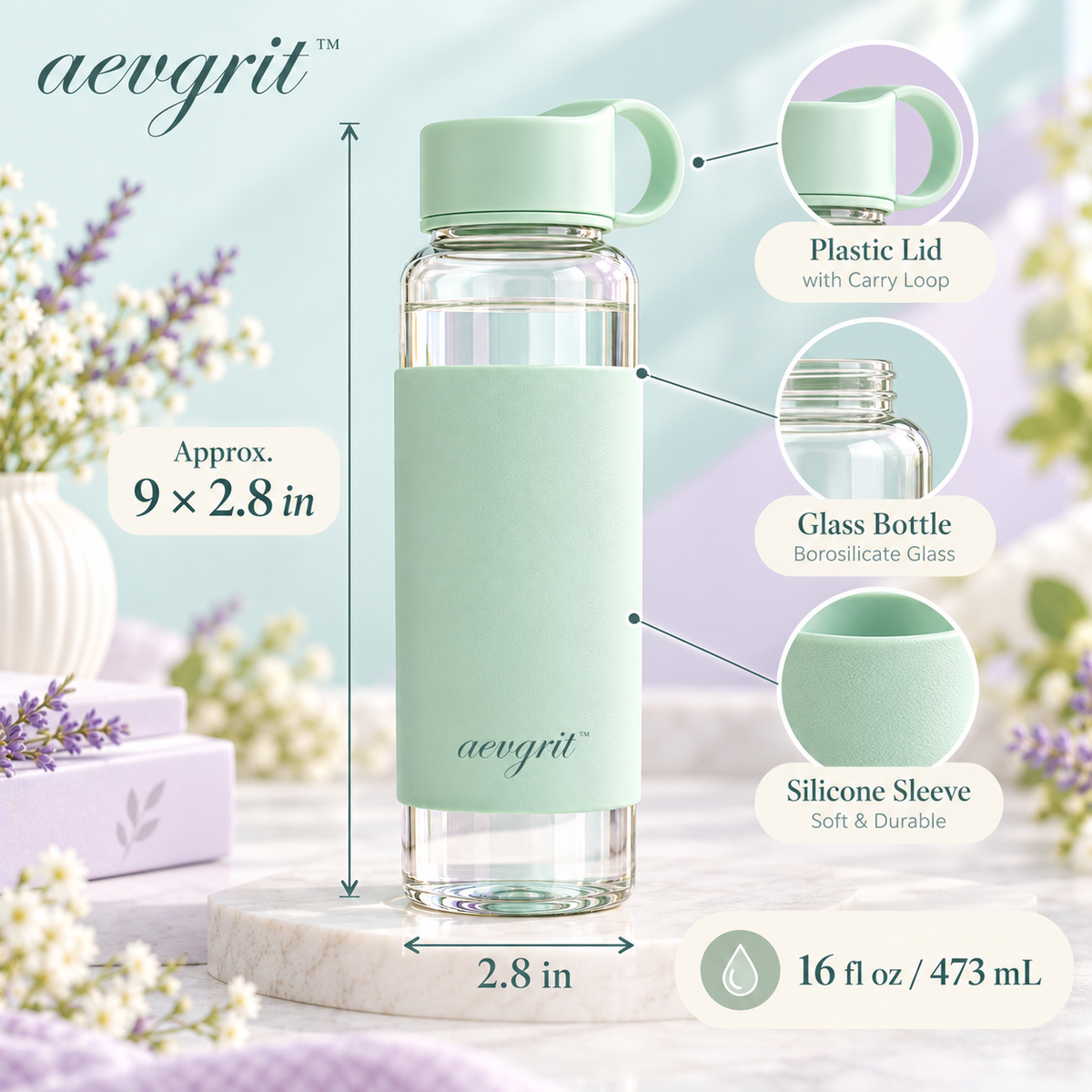 𝒂𝒆𝒗𝒈𝒓𝒊𝒕™ 16 oz Borosilicate Glass Water Bottle with Silicone Sleeve