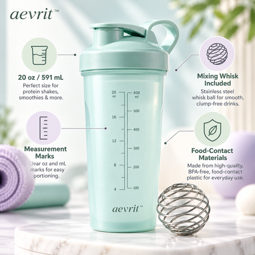𝒂𝒆𝒗𝒈𝒓𝒊𝒕™ 20 oz Protein Shaker Bottle with Mixing Whisk and Measurement Marks
