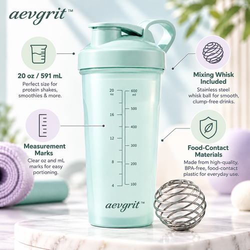 𝒂𝒆𝒗𝒈𝒓𝒊𝒕™ 20 oz Protein Shaker Bottle with Mixing Whisk and Measurement Marks