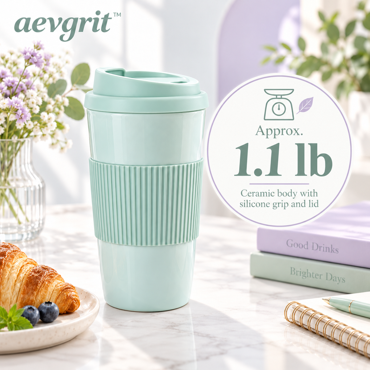 𝒂𝒆𝒗𝒈𝒓𝒊𝒕™ 16 oz Ceramic Travel Mug with Lid and Silicone Grip