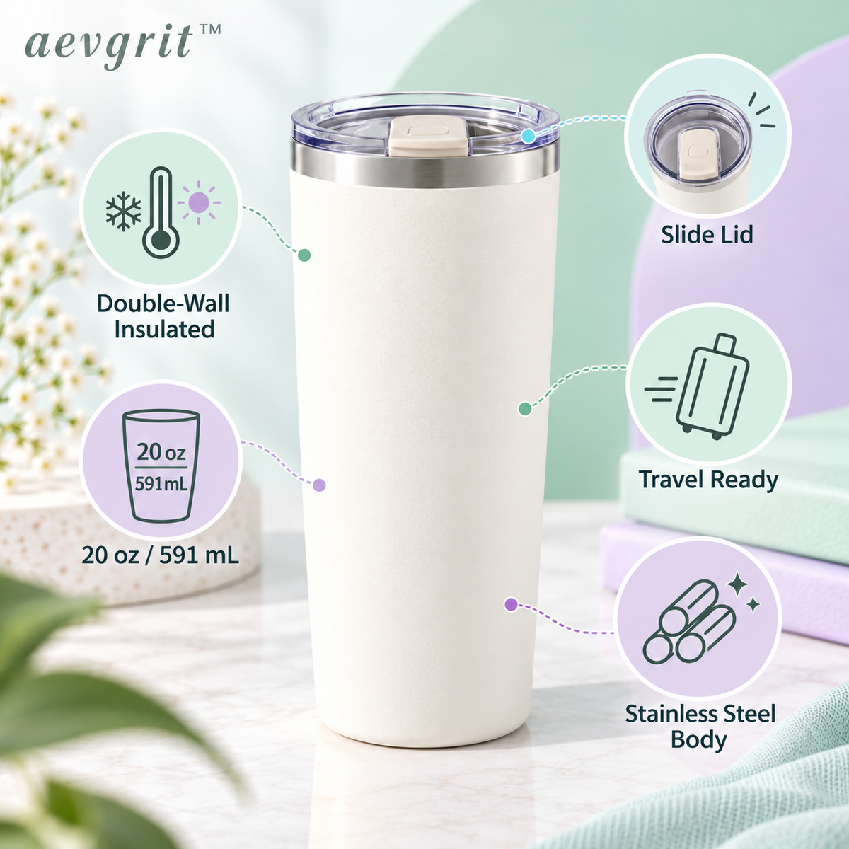 𝒂𝒆𝒗𝒈𝒓𝒊𝒕™ 20 oz Double-Wall Insulated Travel Tumbler with Slide Lid