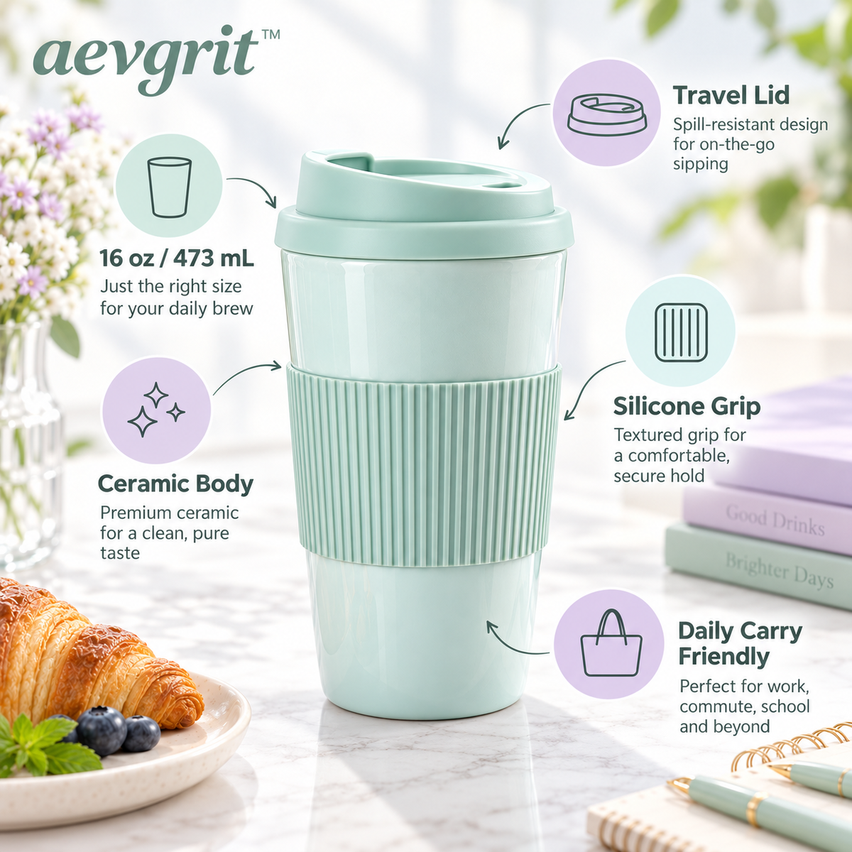 𝒂𝒆𝒗𝒈𝒓𝒊𝒕™ 16 oz Ceramic Travel Mug with Lid and Silicone Grip