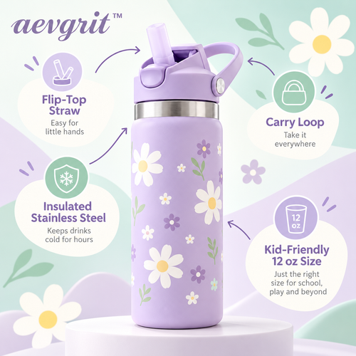 𝒂𝒆𝒗𝒈𝒓𝒊𝒕™ 12 oz Kids Insulated Stainless Steel Water Bottle with Flip-Top Straw