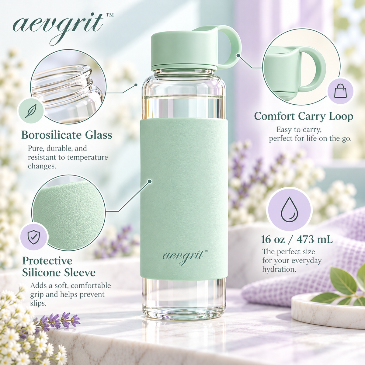 𝒂𝒆𝒗𝒈𝒓𝒊𝒕™ 16 oz Borosilicate Glass Water Bottle with Silicone Sleeve